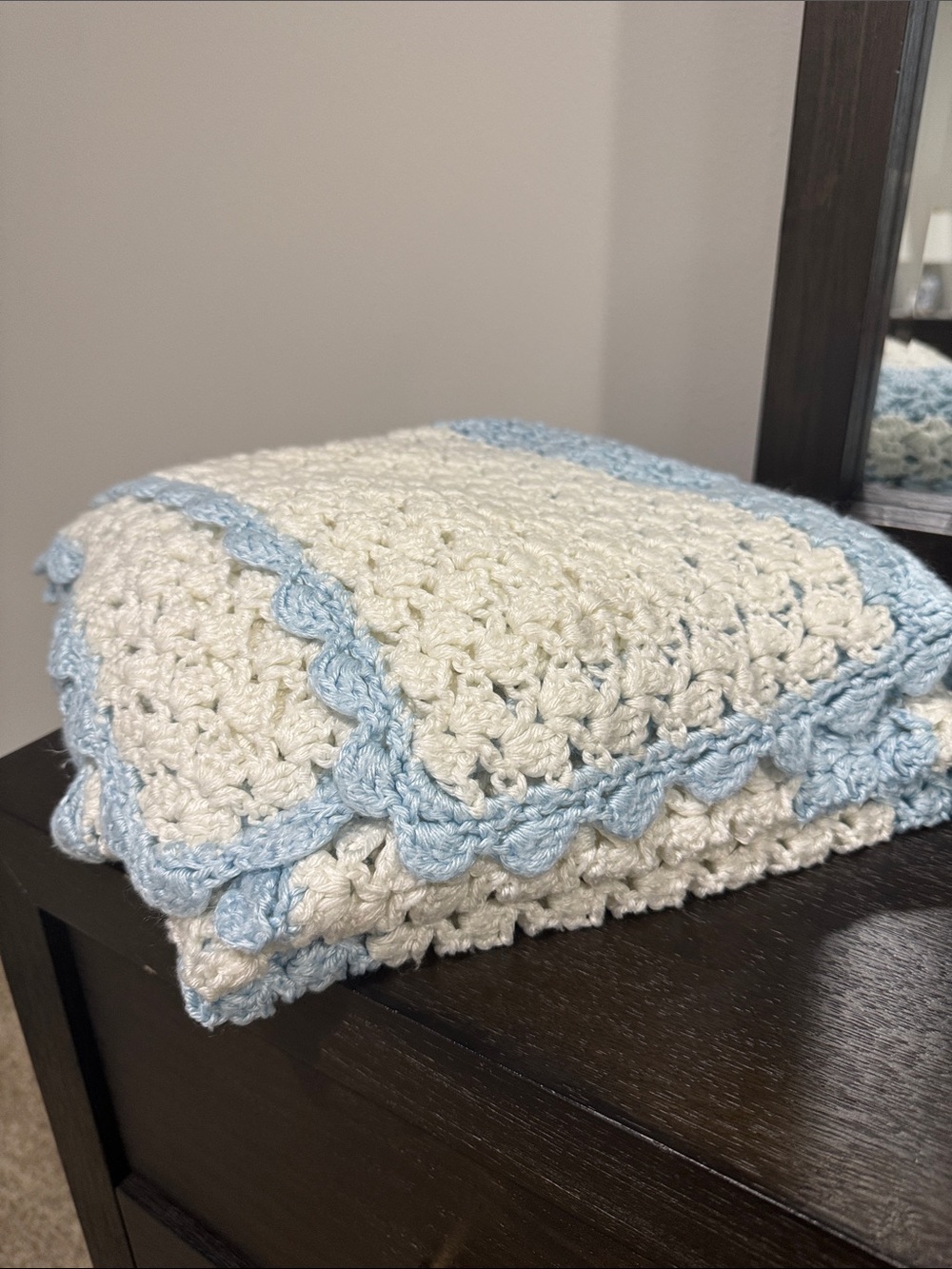 Crocheted White and Blue Striped Blanket throw with scalloped edges